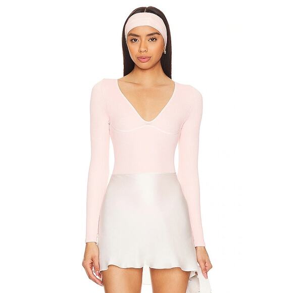 FREE PEOPLE‎ Meg Seamless V-Neck Bodysuit Rose Blush Pink Size M-L Intimately - Picture 10 of 11